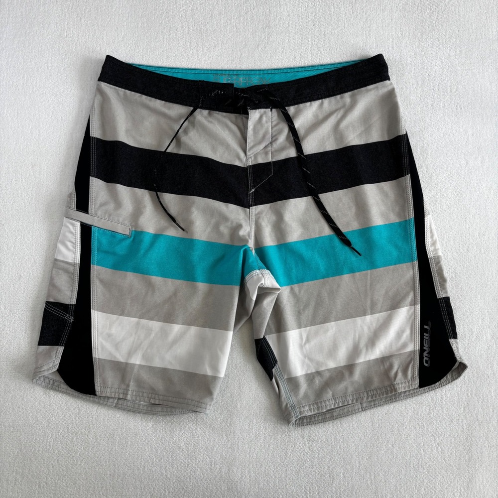 O'Neill Superfreak Boardshorts Mens 34 Grey Teal Striped Stretch Surf‎ Shorts